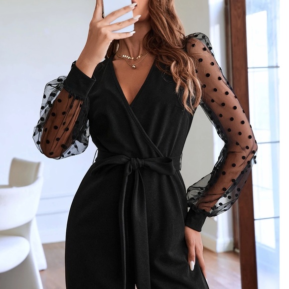 Classic Polka Dot Semi Sheer Long Sleeve Belted Straight Leg Jumpsuit - Picture 4 of 8